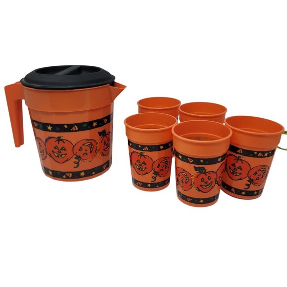 Vintage Halloween Pumpkin Jack O'Lantern Drink Pitcher Tumbler 5 Cups Set - Picture 1 of 6